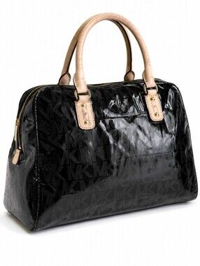 Michael Kors Jet Set satchel black patent leather with the embossed MK logo